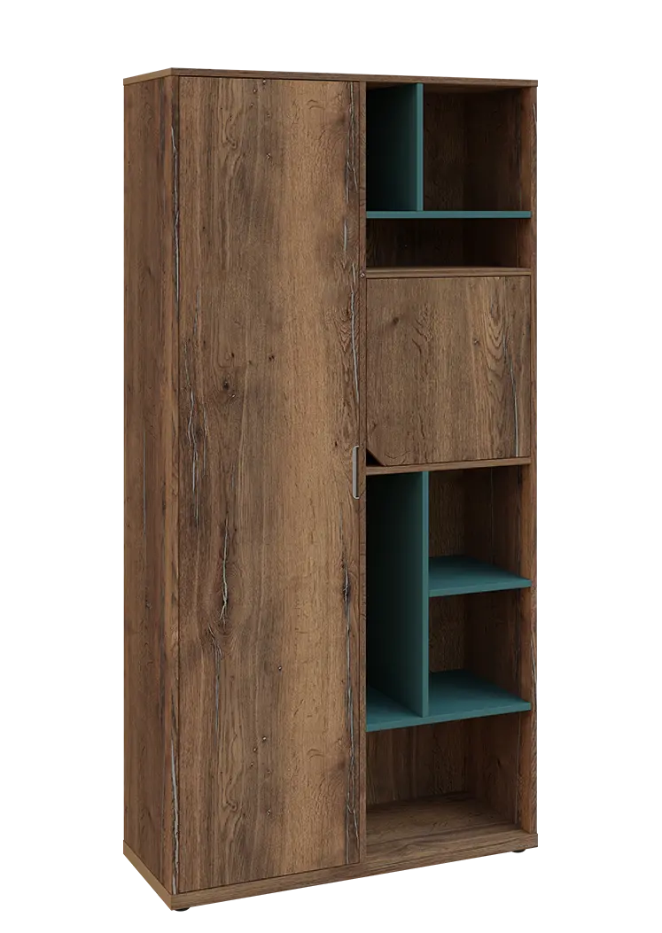 KSR6-83 L skříň šatní, 1x výsuvné ramínko, dvířka, niky, 2053x1022x400 mm, provedení levé, korpus a dvířka dub halifax cínový/police světle petrolejová